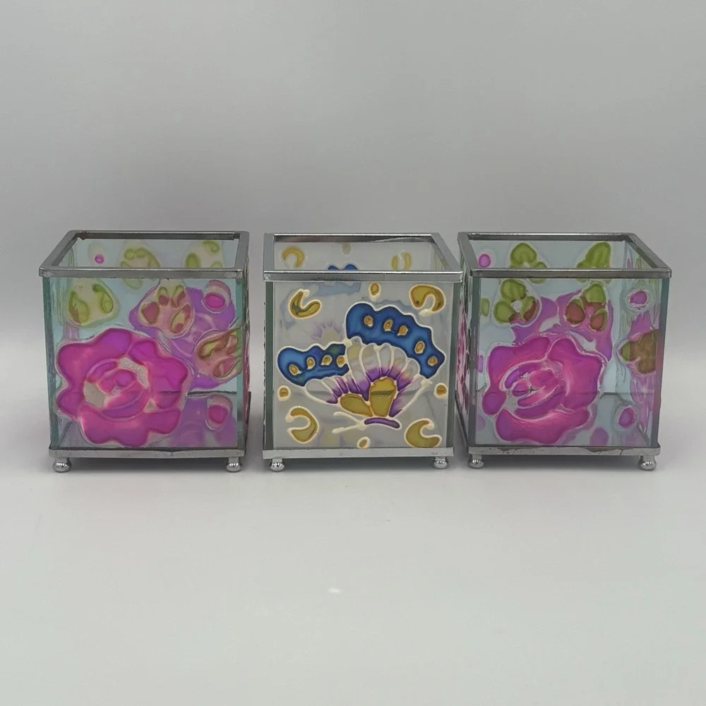 Vintage Floral Butterfly Faux-Stained Glass Candle Votive Holder 3